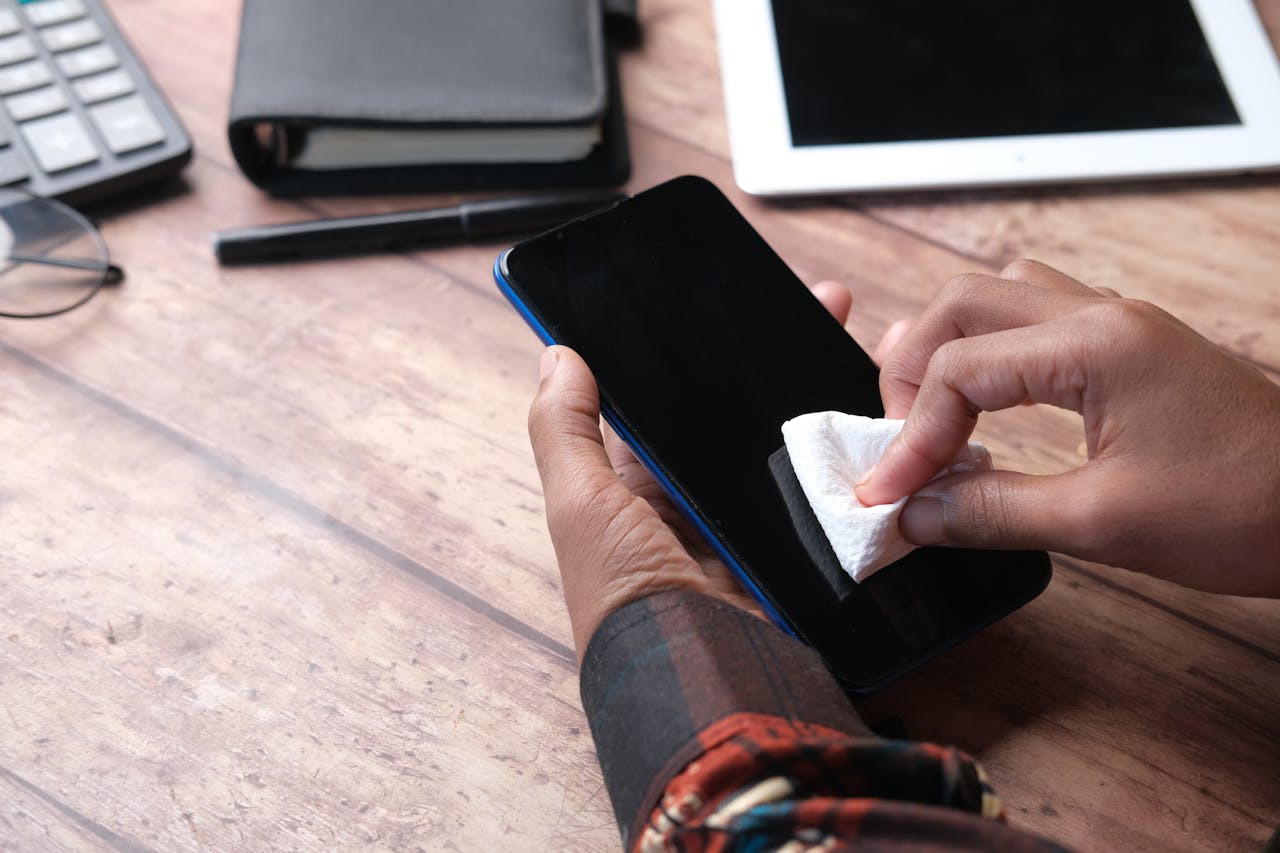 why-choose-us Hands wiping a smartphone with a cloth in an organized workspace. Emphasizes hygiene and device care.